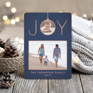 2 Foto Joy Ornament Elegant Modern Navy & Copper Feestdagenkaart