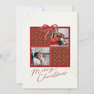 2-Foto Kerstcadeaukaart Hulstballen Rode Strik Kaart