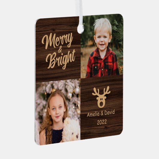 2 Foto Kinderen Rustisch kerstfeest Metalen Ornament (Voorkant Rechts)