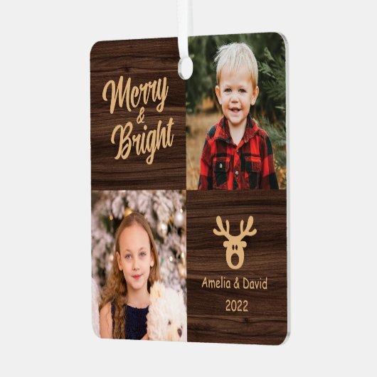 2 Foto Kinderen Rustisch kerstfeest Metalen Ornament (Voorkant links)