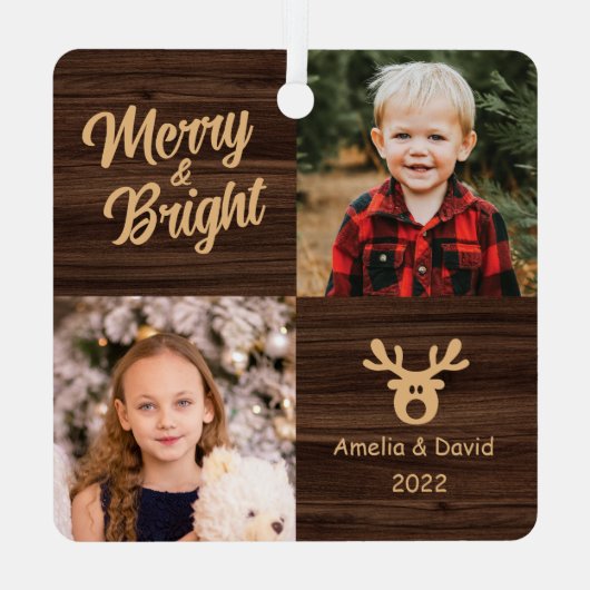 2 Foto Kinderen Rustisch kerstfeest Metalen Ornament (Achterkant)