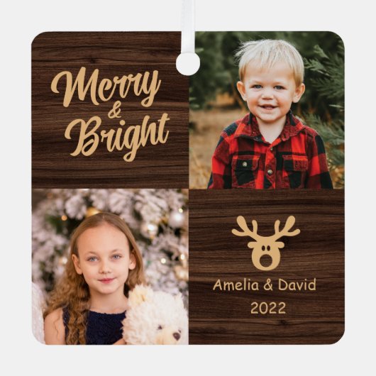 2 Foto Kinderen Rustisch kerstfeest Metalen Ornament (Voorkant)