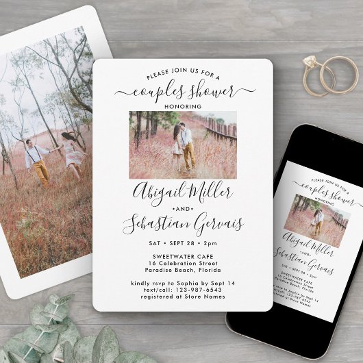 2 Foto Koppels Bruiloft Borrel Chic Modern Script Kaart