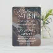 2 Foto Liefde is Geduldig Trouwreceptie Wit Save The Date (Staand voorkant)
