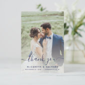 2-Foto marineblauw handschrift bruiloft Bedankkaart (Staand voorkant)