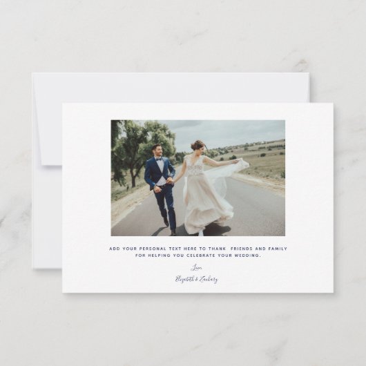 2-Foto marineblauw handschrift bruiloft Bedankkaart (Achterkant)