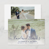 2-Foto marineblauw handschrift bruiloft Bedankkaart (Voorkant / Achterkant)