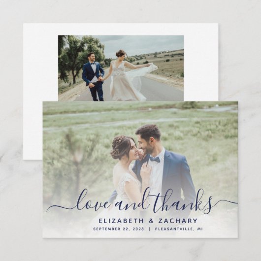 2-Foto marineblauw handschrift bruiloft Bedankkaart (Voorkant / Achterkant)