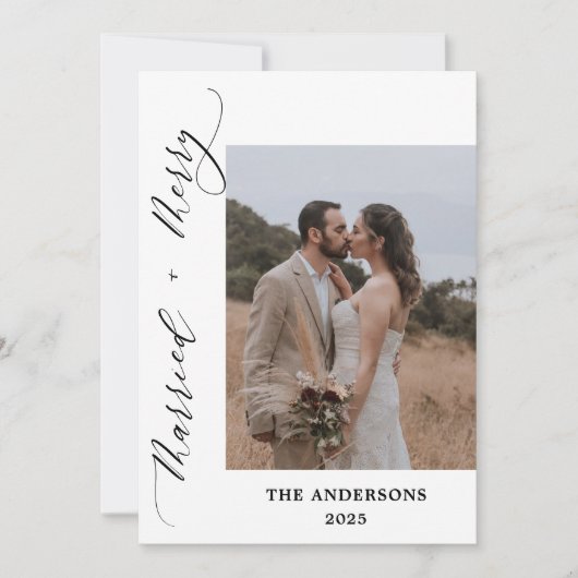 2 foto Merry getrouwd script bruiloft kerst Bedankkaart (Voorkant)