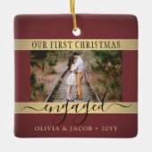 2 Foto met Kerstmis: Burgundy & Faux Gold Keramisch Ornament (Voorkant)