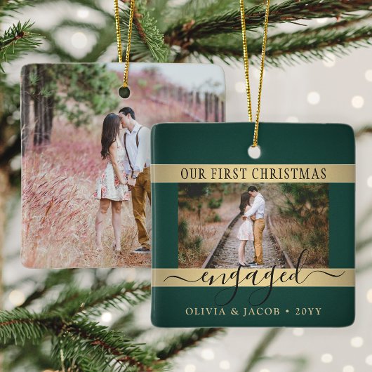 2 Foto met Kerstmis: Green en Faux Gold Keramisch Ornament
