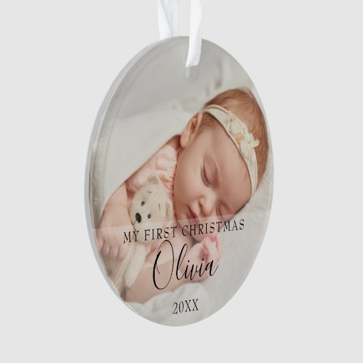 2 Foto Mijn Eerste Kerst Baby Naam Script Ornament (voorkant)