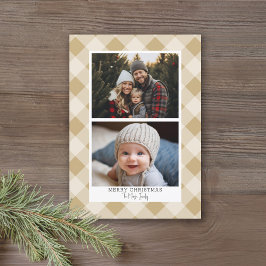 2 Foto Modern Buffalo plaid - Rustic Gold Merry Feestdagenkaart
