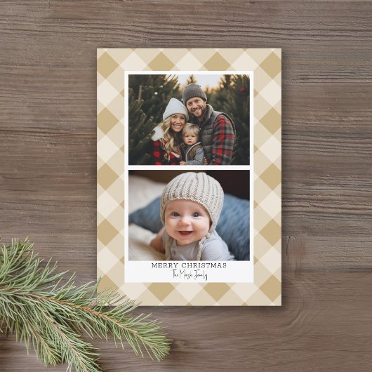 2 Foto Modern Buffalo plaid - Rustic Gold Merry Feestdagenkaart
