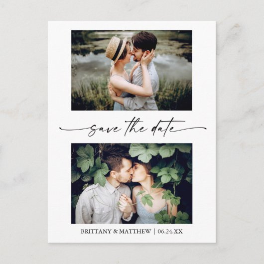 2 Foto Modern Minimalist Ink Script Save the Date Briefkaart (Voorkant)
