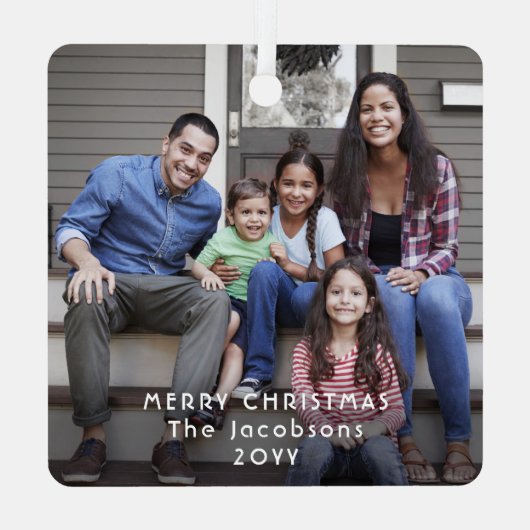 2 Foto Modern Minimalist White Text Overlay Metalen Ornament (Achterkant)