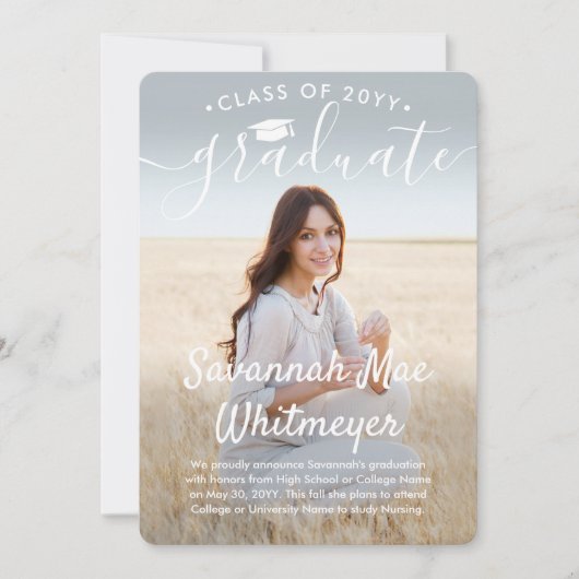 2 Foto Modern Overlay White Script Afstuderen Aankondiging (Voorkant)