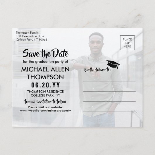 2 Foto Modern Script Afstuderen Save the Date Briefkaart (Achterkant)
