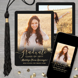 2 Foto Modern Simple Script Black Gold Afstuderen Aankondiging