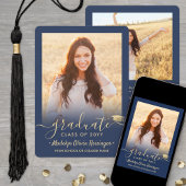 2 Foto modern Simple Script Navy Gold-Afstuderen Aankondiging