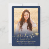 2 Foto modern Simple Script Navy Gold-Afstuderen Aankondiging (Voorkant)
