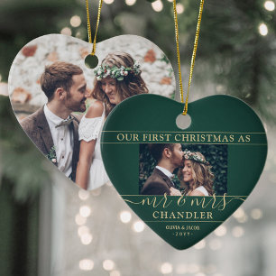 2 Foto: Mr & Mrs. 1st kerstgroen & Gold Heart Keramisch Ornament