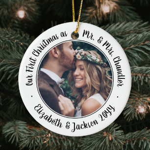 2 Foto: Mr & Mrs. 1st Kerstmis Black White Keramisch Ornament