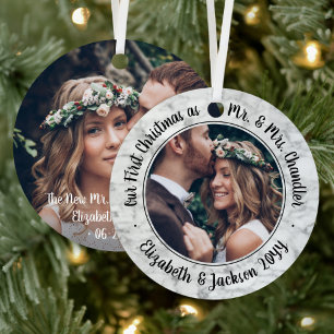 2 Foto: Mr & Mrs. 1st Kerstmis Elegant Faux Marble Metalen Ornament