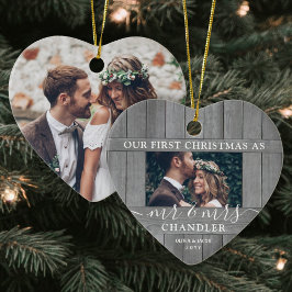 2 Foto: Mr & Mrs. 1st Kerstmis, Hood Heart Keramisch Ornament