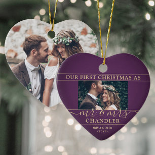 2 Foto: Mr & Mrs 1st Kerstmis Plum Paars Heart Keramisch Ornament