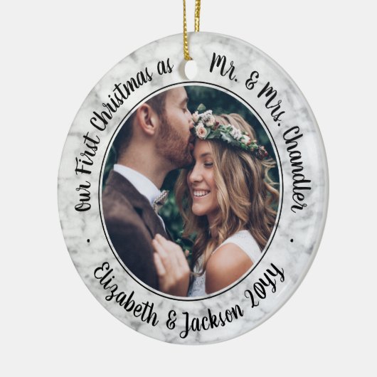2 Foto: Mr & Mrs. 1st kerstscript Faux Marble Keramisch Ornament (Links)