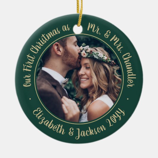 2 Foto: Mr & Mrs. 1st kerstscript Green & Gold Keramisch Ornament (Voorkant)
