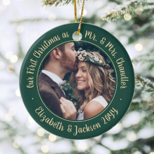 2 Foto: Mr & Mrs. 1st kerstscript Green & Gold Keramisch Ornament