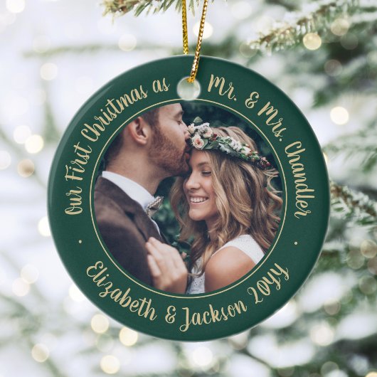 2 Foto: Mr & Mrs. 1st kerstscript Green & Gold Keramisch Ornament