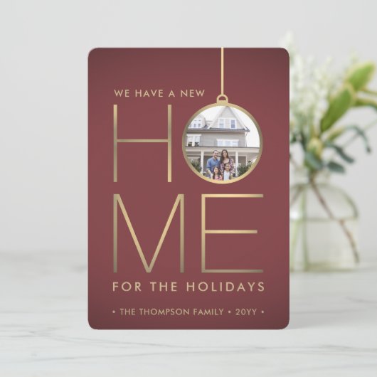 2 Foto: New Home Address Burgundy & Gold Moving Feestdagenkaart (Staand voorkant)