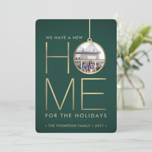 2 Foto New Home Address Green en Gold Moving Feestdagenkaart (Staand voorkant)