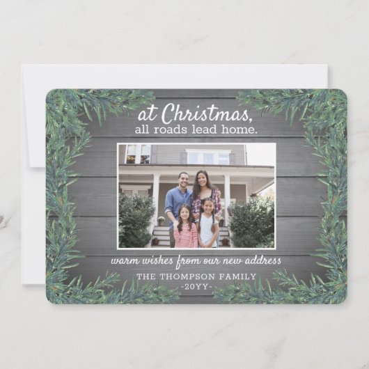 2 Foto New Home Farmhouse Greenery & Wood Moving Feestdagenkaart (Voorkant)