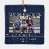 2 Foto New Home First Kerstmis Blue & Gold Keramisch Ornament (Voorkant)