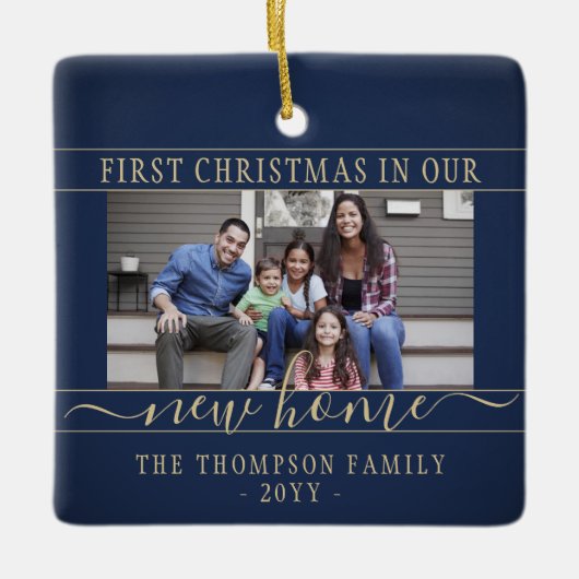 2 Foto New Home First Kerstmis Blue & Gold Keramisch Ornament (Voorkant)