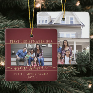 2 Foto New Home First Kerstmis Burgundy en Gold Keramisch Ornament