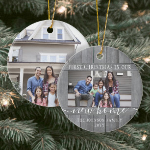 2 Foto: New Home First Xmas Grey Faux Wood Round Keramisch Ornament