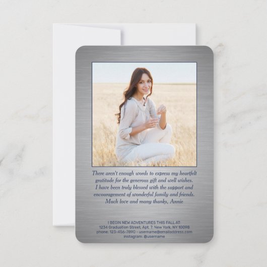 2 Foto Nieuw Adres geborsteld marineblauw Afstuder Bedankkaart (Achterkant)