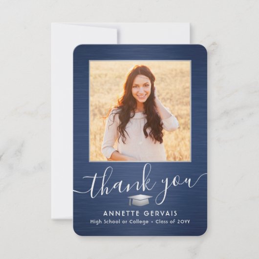 2 Foto Nieuw Adres geborsteld marineblauw Afstuder Bedankkaart (Voorkant)