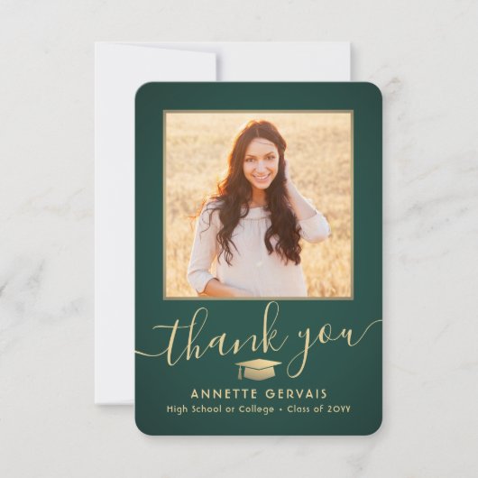 2 Foto Nieuw Adres Groen & Gold Script-Afstuderen Bedankkaart (Voorkant)