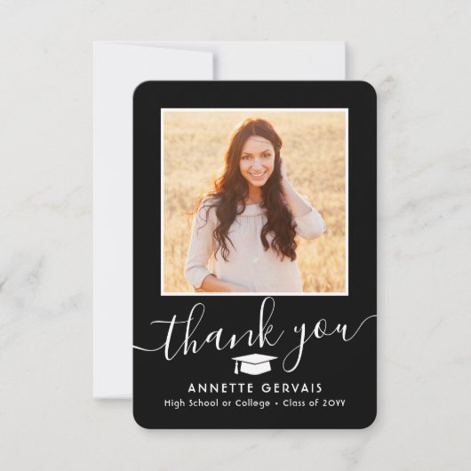 2 Foto Nieuw Adres Zwart witscript Afstuderen Bedankkaart (Voorkant)