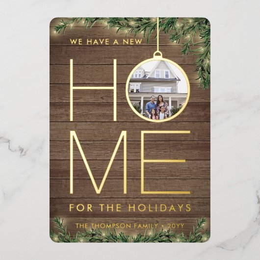 2 Foto Nieuwe Starthout, Pine & String Lights Folie Feestdagenkaart (Voorkant)