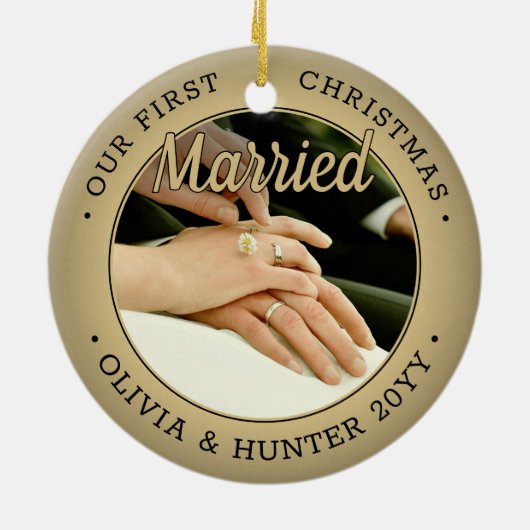 2 Foto: Ons eerste kersthuwelijk, zwart en goud Keramisch Ornament (Achterkant)