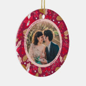 2 Foto onze eerste kerst met donkerroze rood Keramisch Ornament (Rechts)