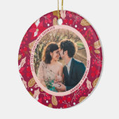 2 Foto onze eerste kerst met donkerroze rood Keramisch Ornament (Links)