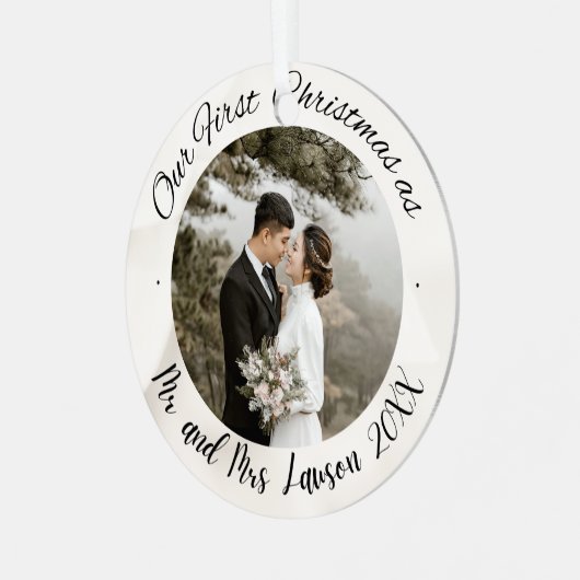 2 Foto Onze Eerste Kerstmis Getrouwd Faux Ornament (Voorkant links)